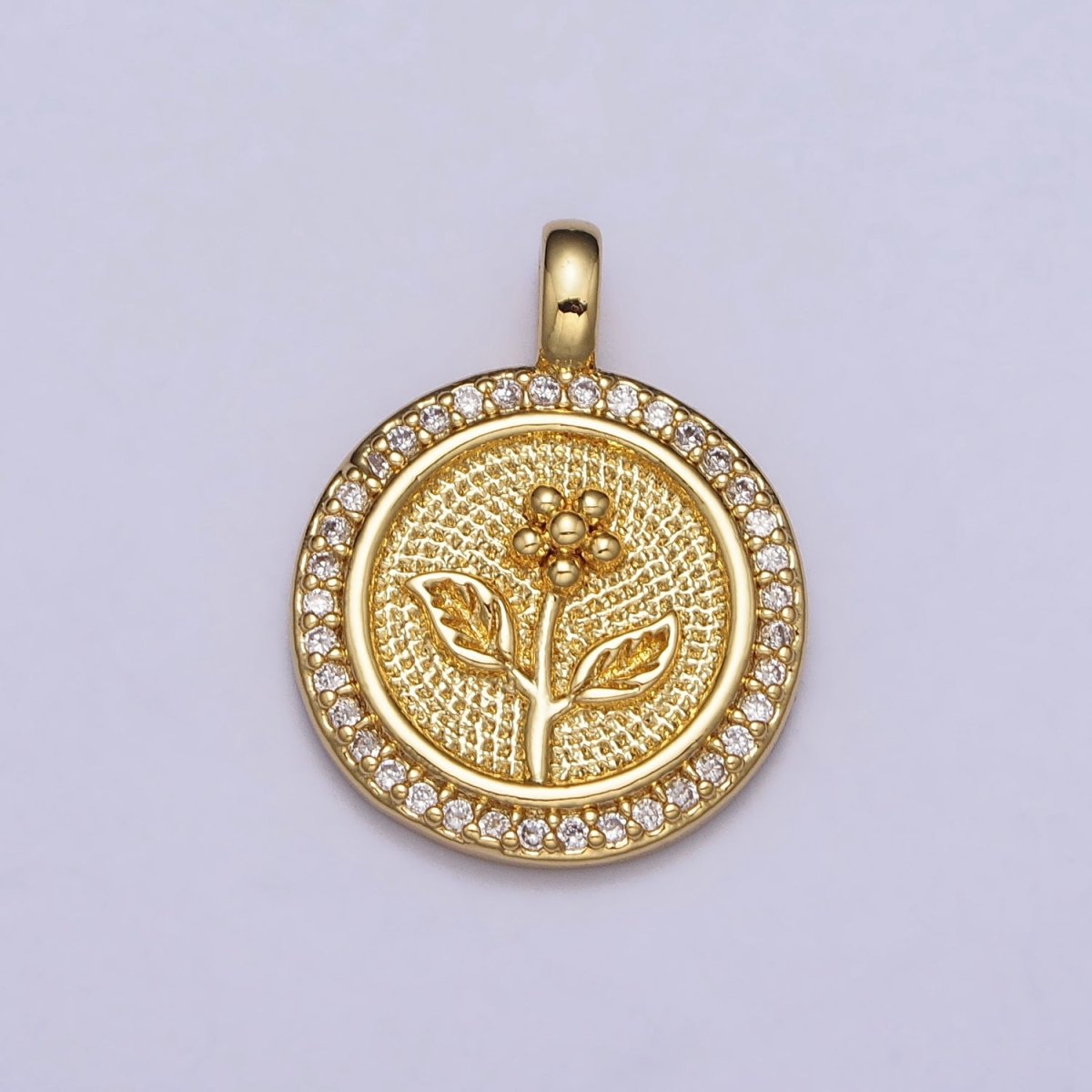 Gold Daisy Flower Textured Clear Micro Paved CZ Round Pendant | AA026