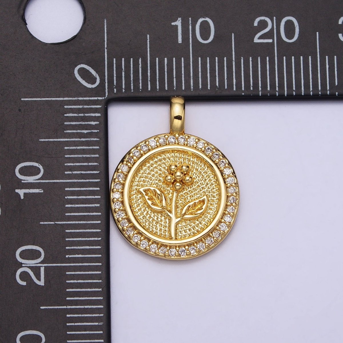 Gold Daisy Flower Textured Clear Micro Paved CZ Round Pendant | AA026