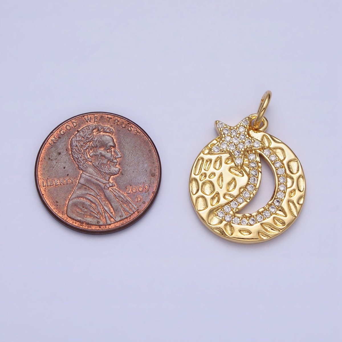 Gold Dented Celestial Crescent Moon Star Clear Micro Paved Round Charm | AC370