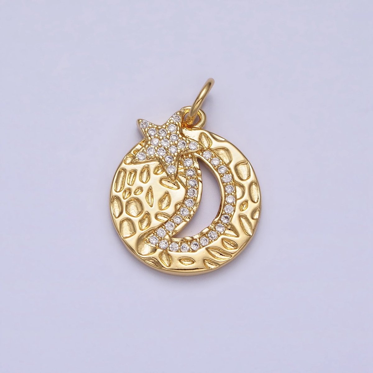 Gold Dented Celestial Crescent Moon Star Clear Micro Paved Round Charm | AC370