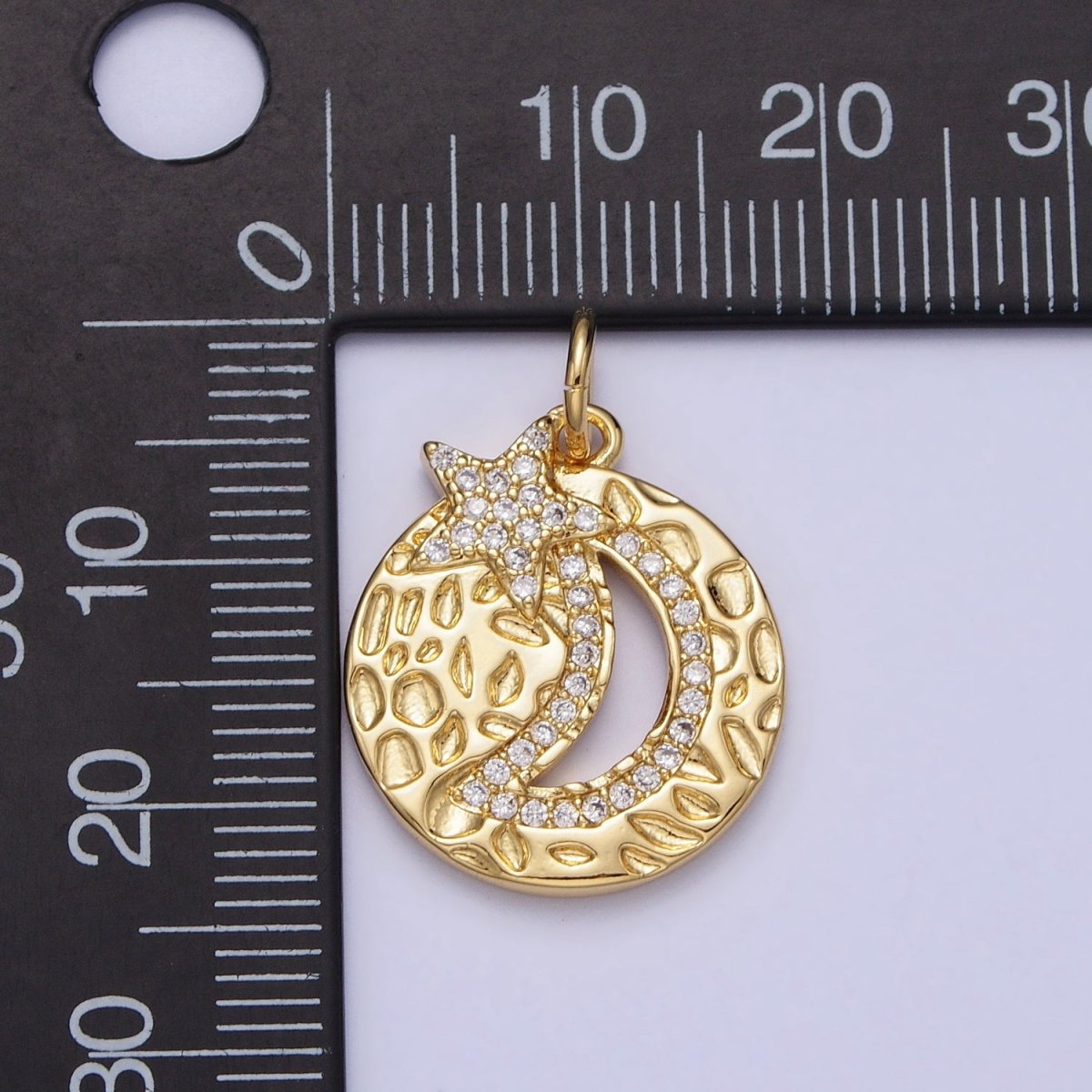 Gold Dented Celestial Crescent Moon Star Clear Micro Paved Round Charm | AC370