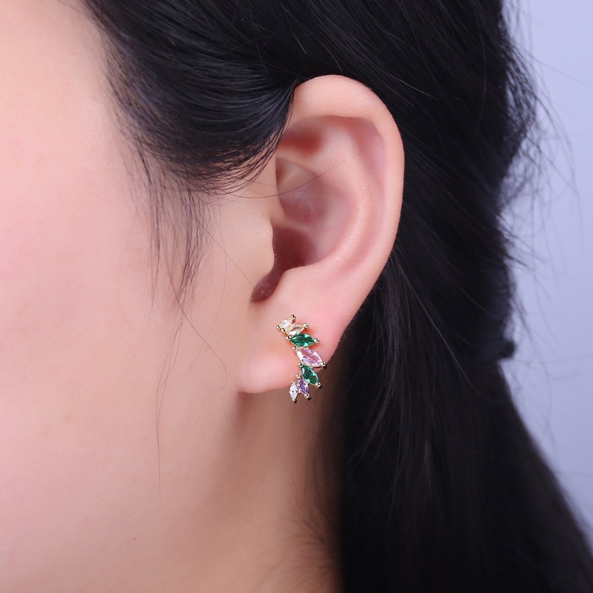 Gold Diamond Marquise Earrings Purple Green CZ Earring V-117