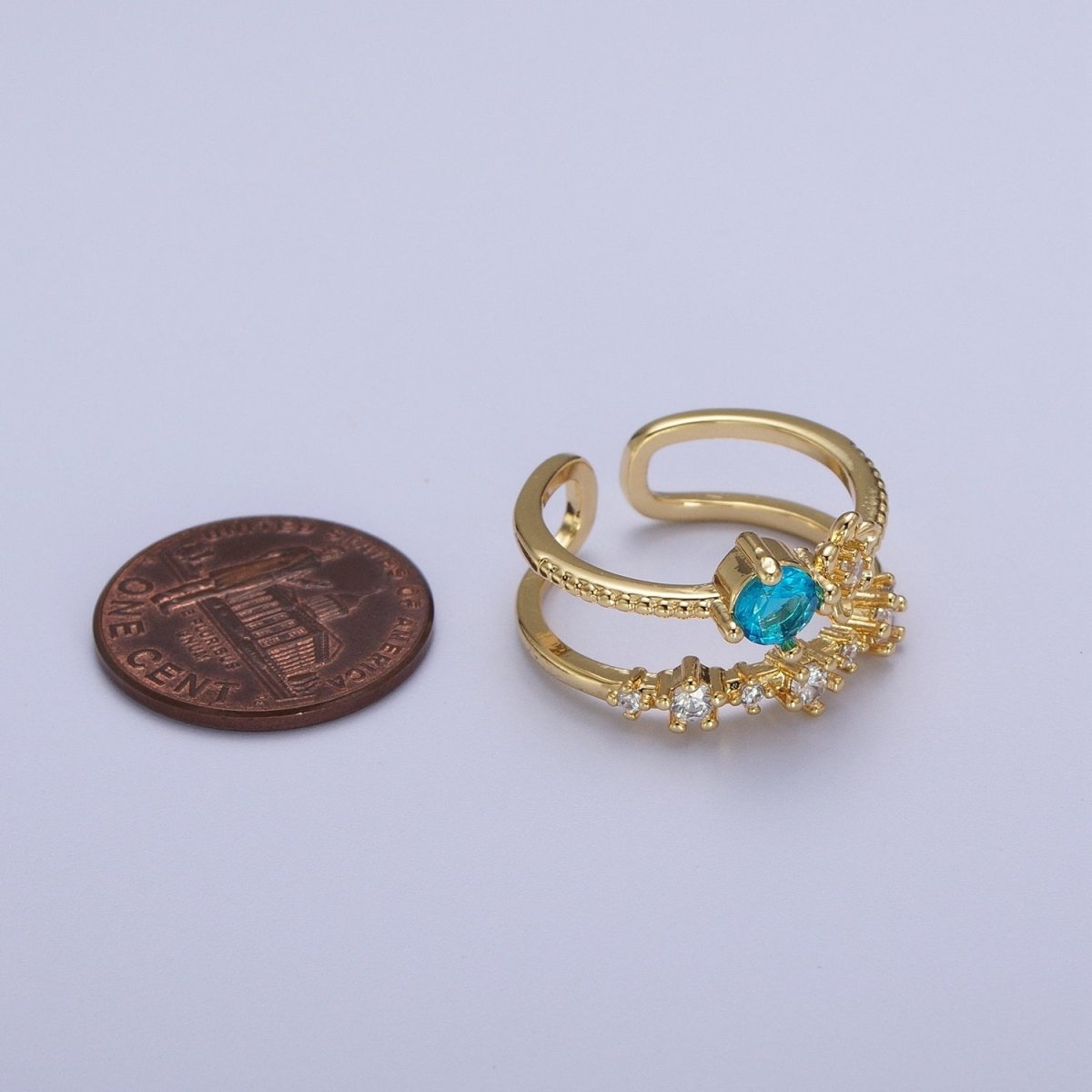 Gold Double Band Clear, Dark Blue, Pink, Green, Red, Light Blue Cubic Zirconia Beaded Ring | O-090~O-097