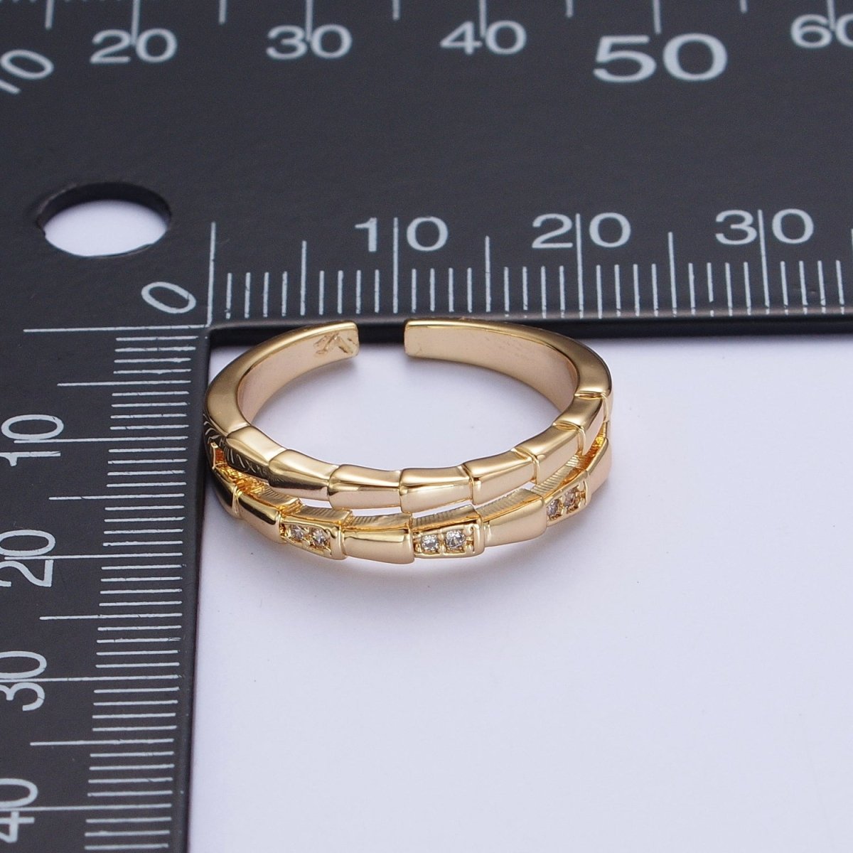 Gold Double Band Micro Paved Cubic Zirconia Geometric Serpent Snake Stacking Ring | S-255