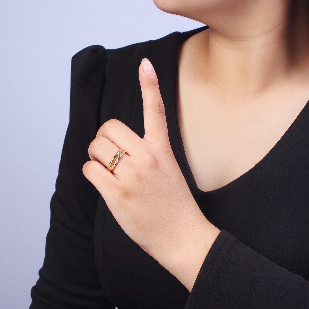 Gold Double Band Micro Paved Cubic Zirconia Geometric Serpent Snake Stacking Ring | S-255