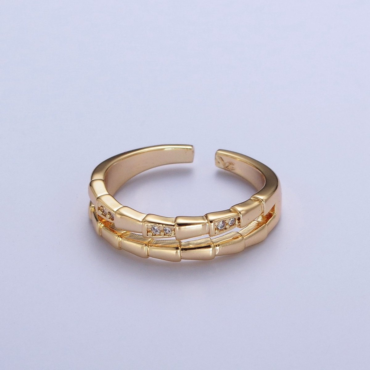 Gold Double Band Micro Paved Cubic Zirconia Geometric Serpent Snake Stacking Ring | S-255