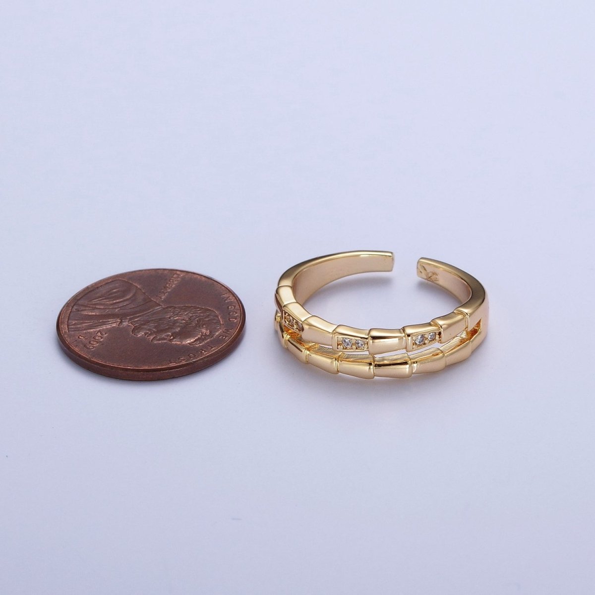 Gold Double Band Micro Paved Cubic Zirconia Geometric Serpent Snake Stacking Ring | S-255