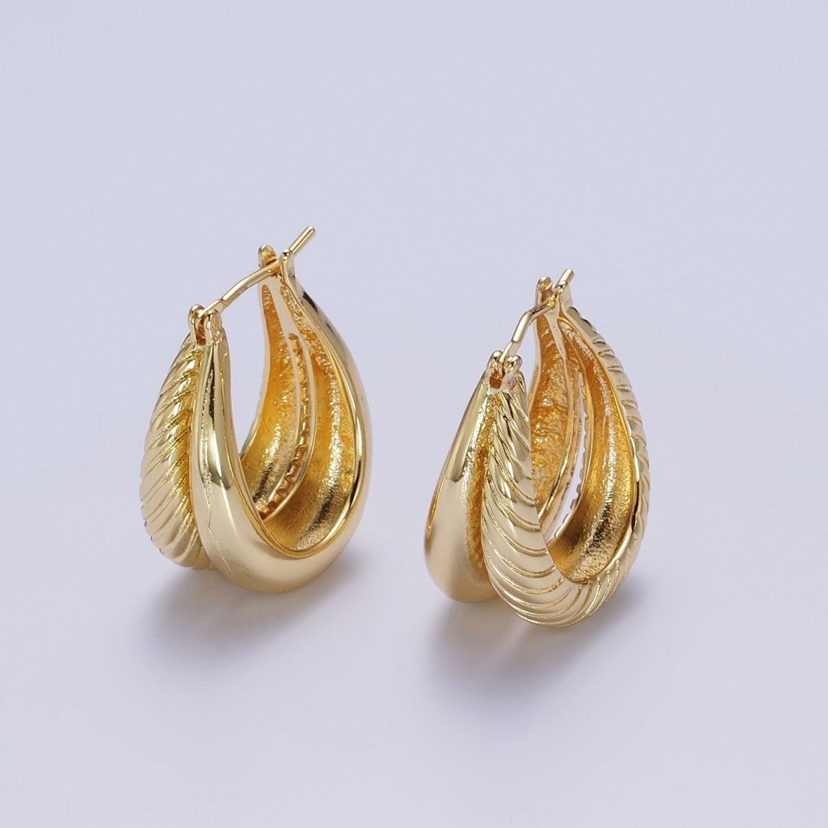 Gold Double Plain & Textured Dome Latch Hoop Earrings | AD-079