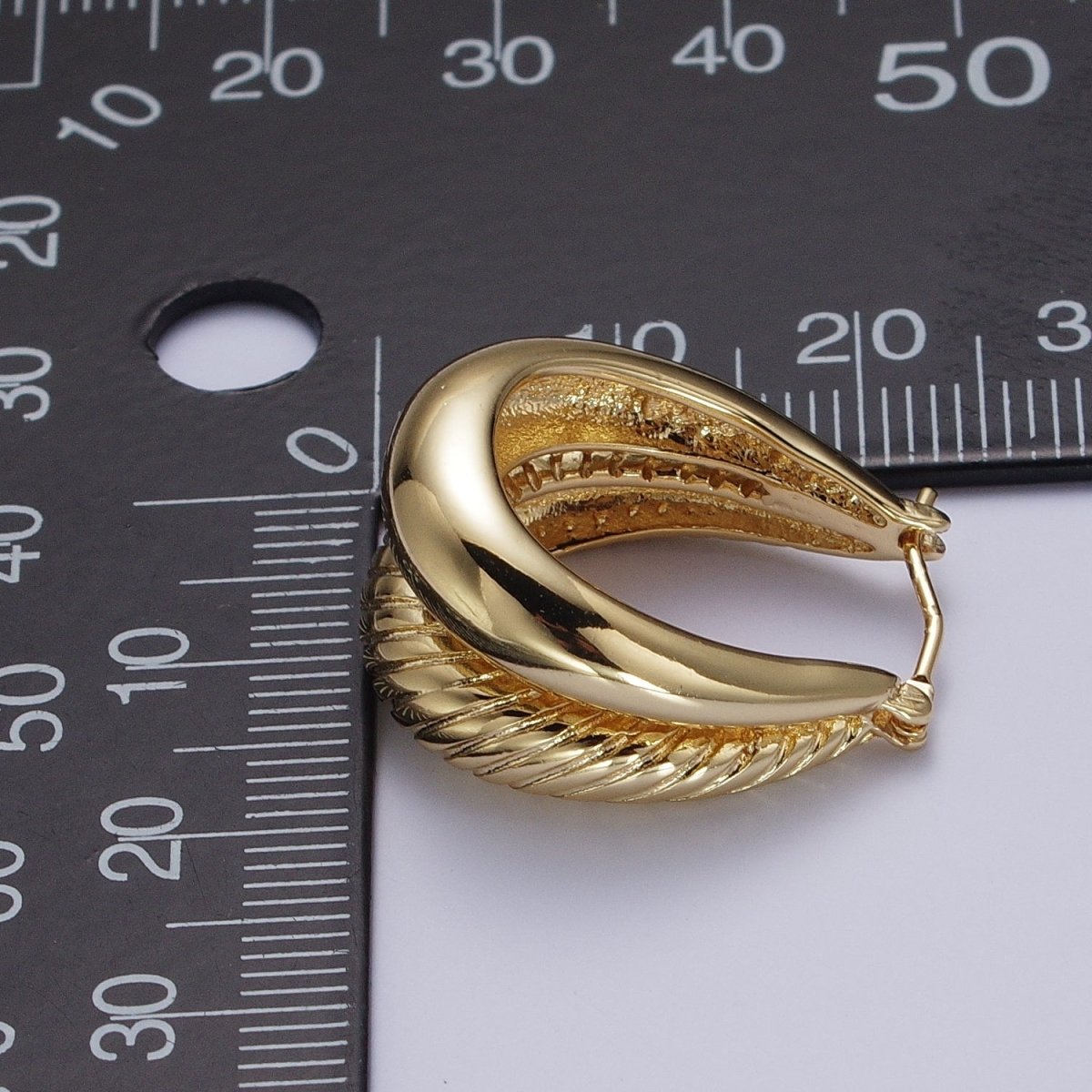 Gold Double Plain & Textured Dome Latch Hoop Earrings | AD-079