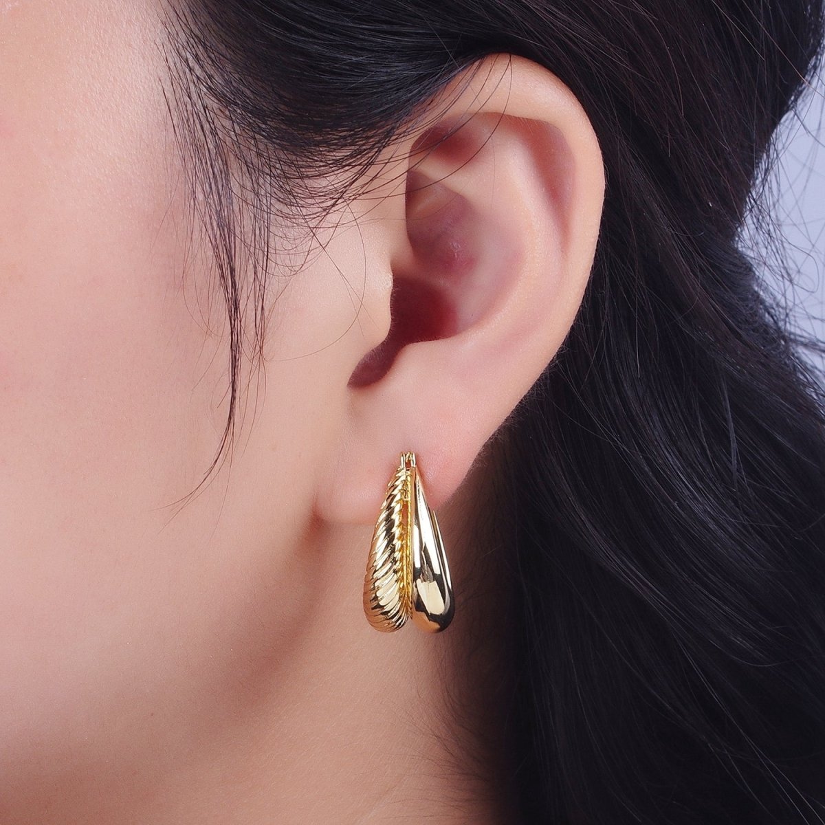 Gold Double Plain & Textured Dome Latch Hoop Earrings | AD-079