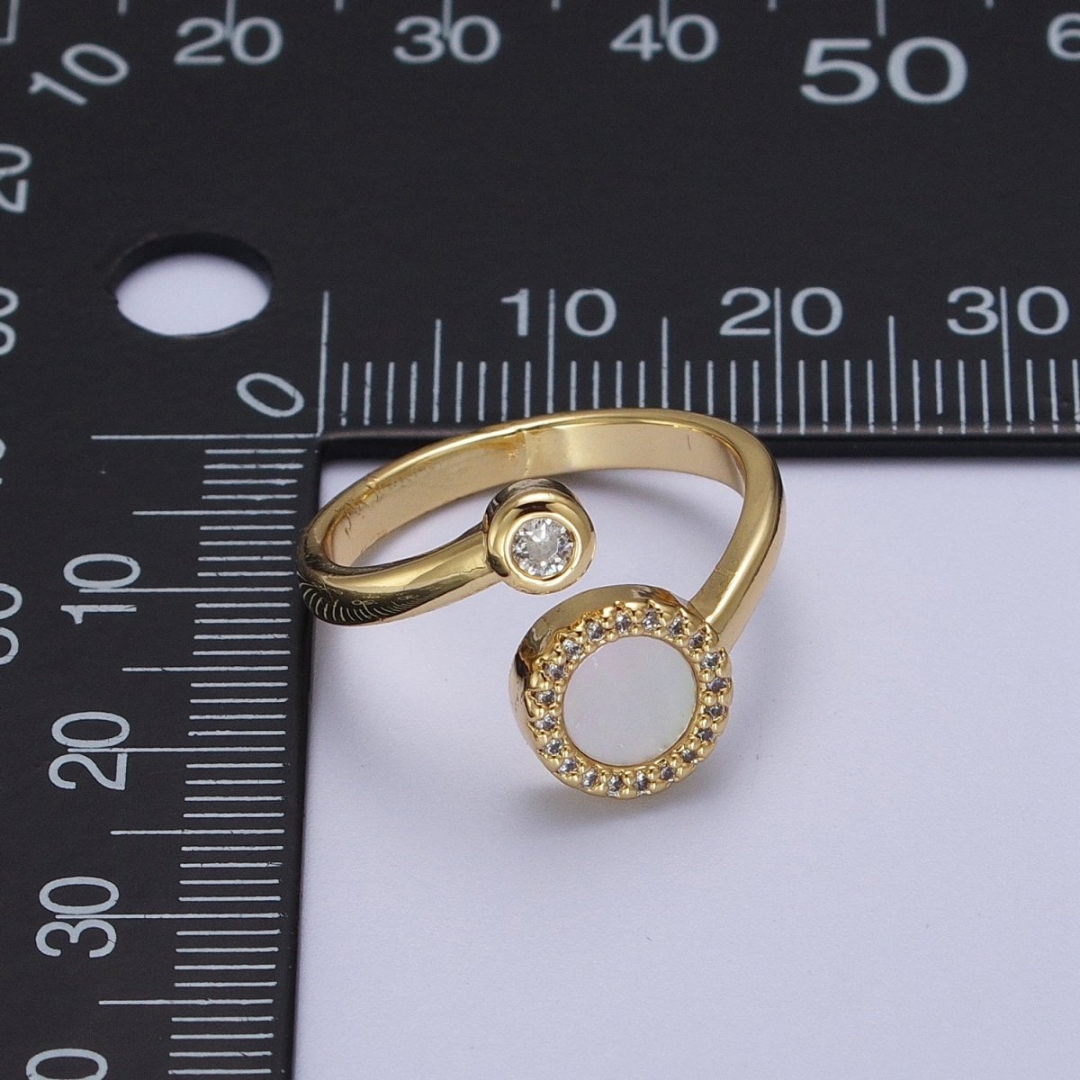 Gold Double Round Micro Paved CZ Shell Pearl, Cubic Zirconia Adjustable Open Ring | O-085
