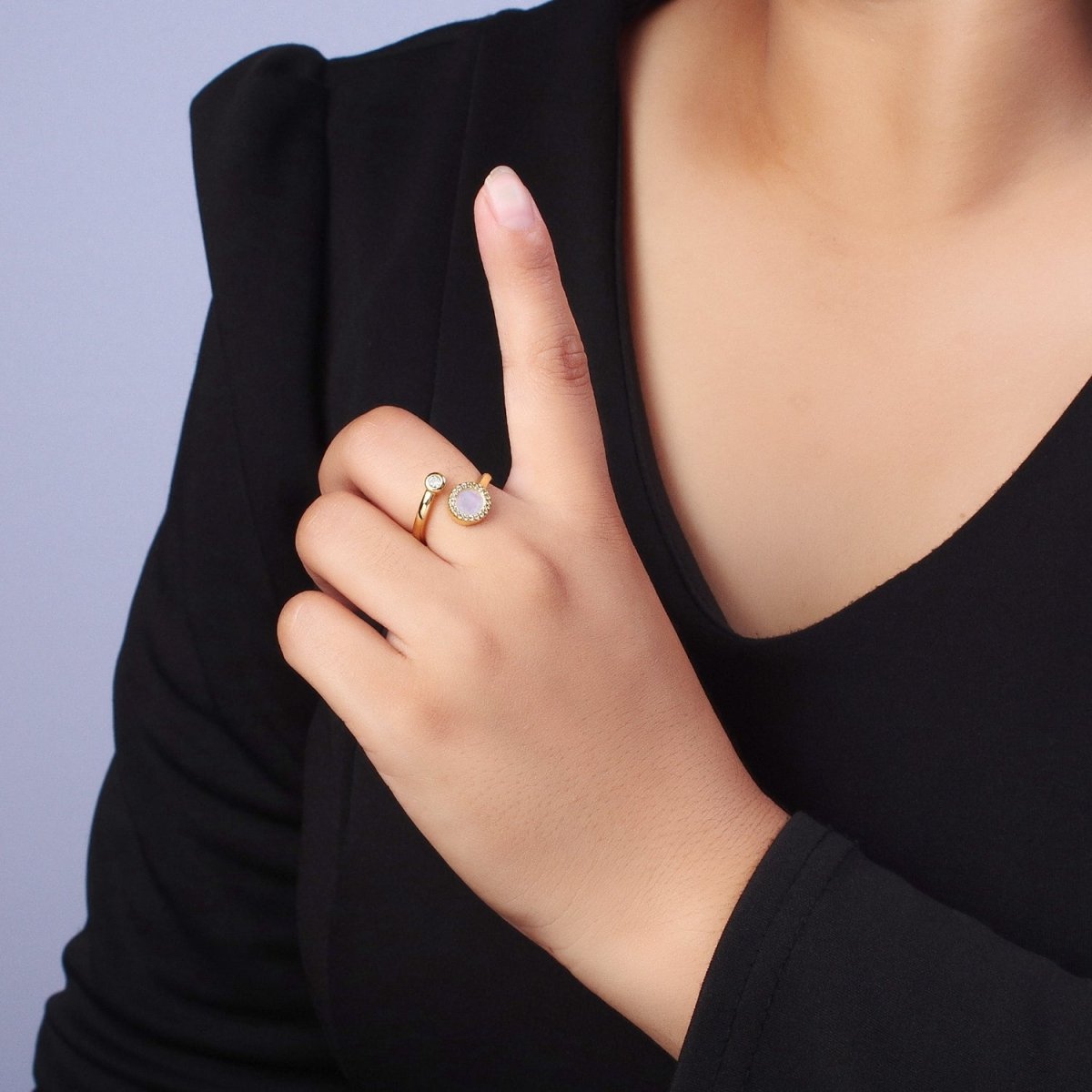 Gold Double Round Micro Paved CZ Shell Pearl, Cubic Zirconia Adjustable Open Ring | O-085