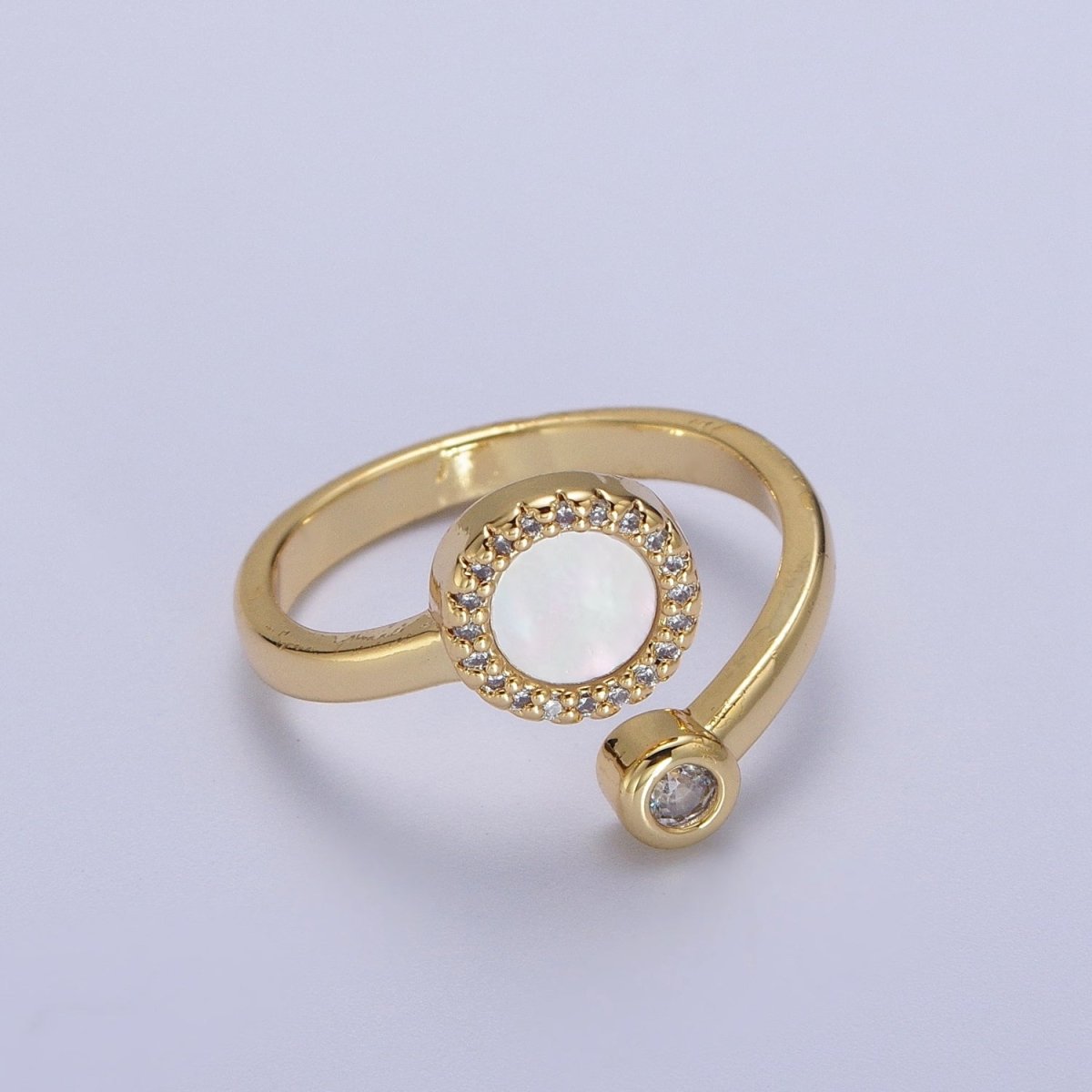 Gold Double Round Micro Paved CZ Shell Pearl, Cubic Zirconia Adjustable Open Ring | O-085