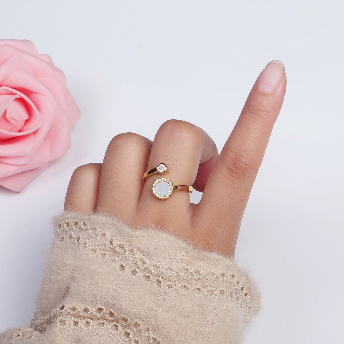 Gold Double Round Micro Paved CZ Shell Pearl, Cubic Zirconia Adjustable Open Ring | O-085