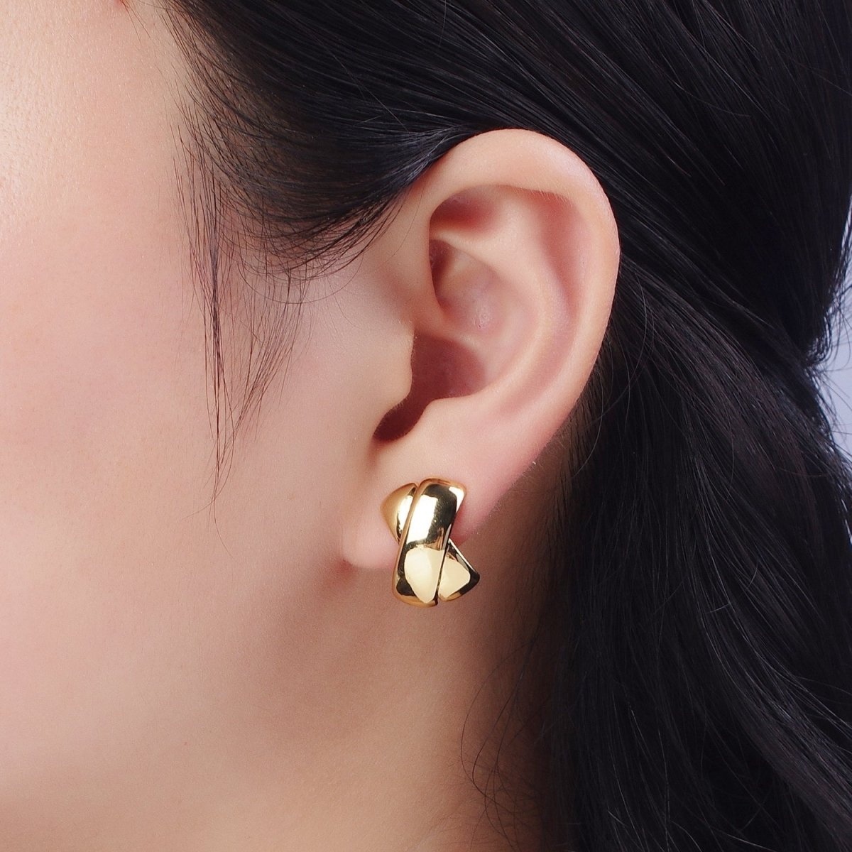 Gold Double Tape Flat Bar Cross Dome Stud Earrings | AE-1018