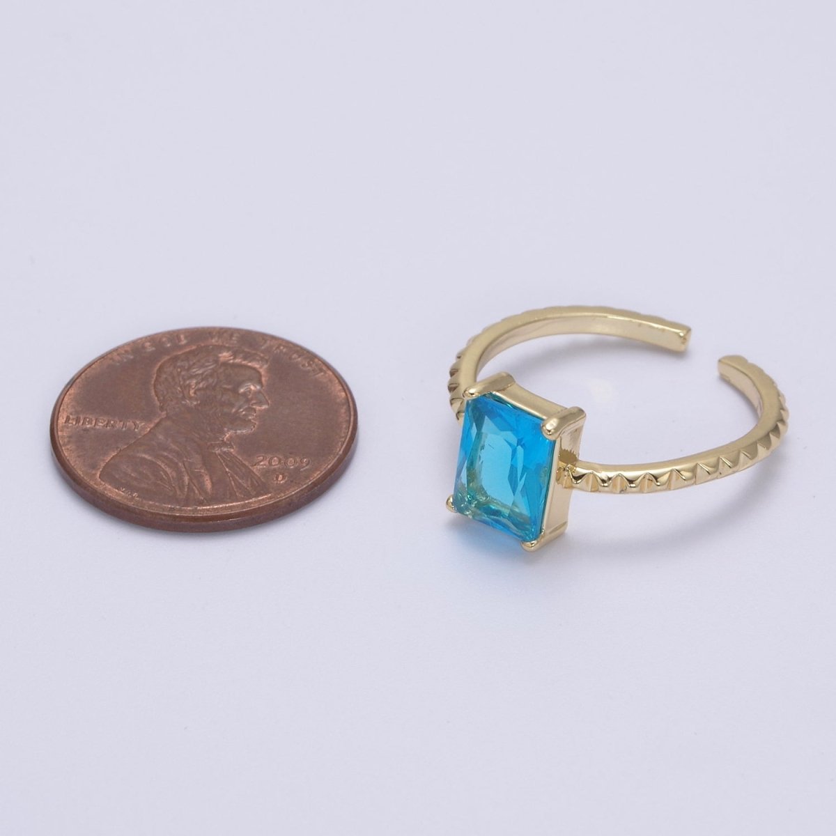 Gold Emerald Cut Blue Pink Green Clear Aqua CZ Dainty Cocktail Ring Open Adjustable U-239~U-243