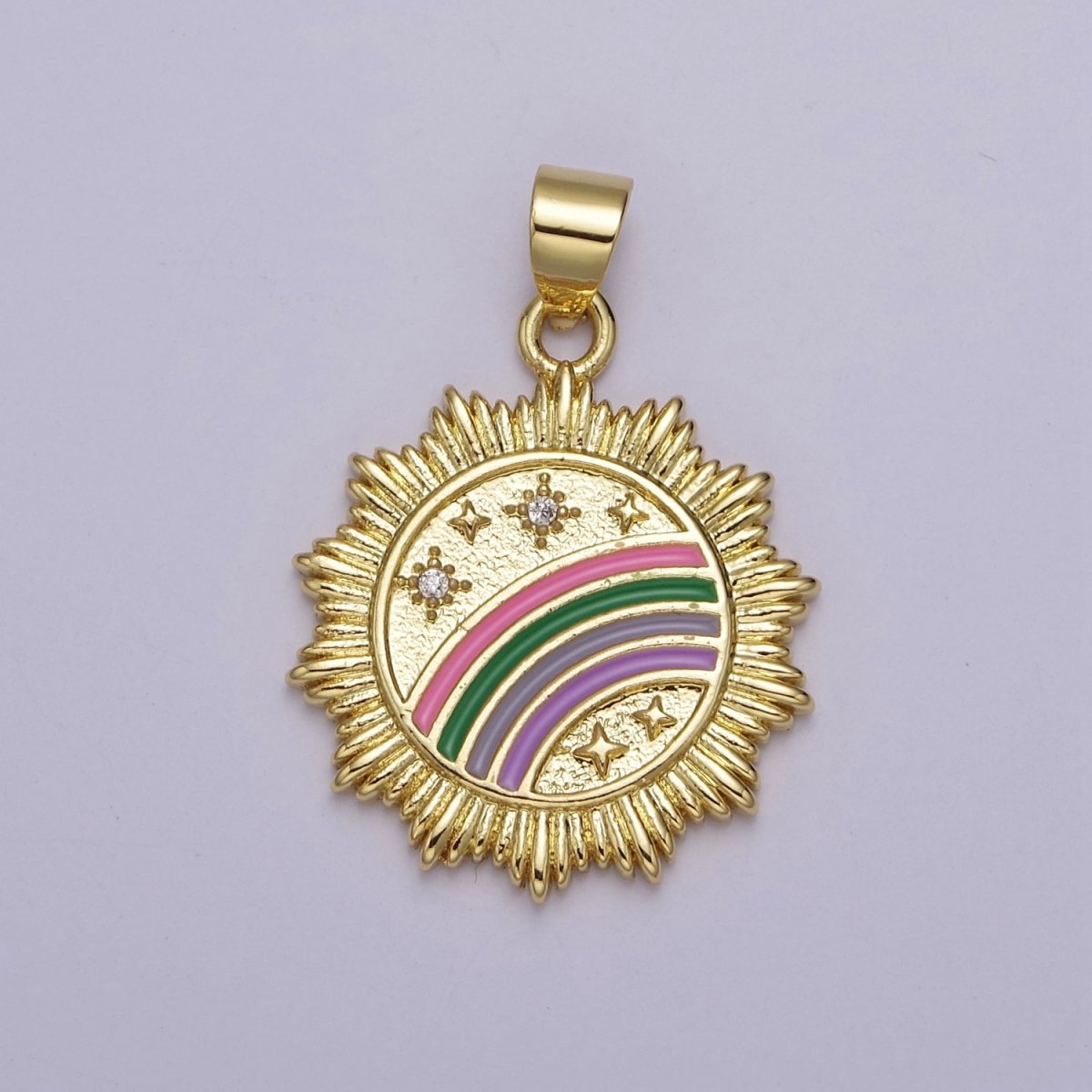 Gold Enamel Rainbow Medallion Pendant with Sunburst Cubic Zirconia Celestial Stars Jewelry For Necklace Earring Making, J-753