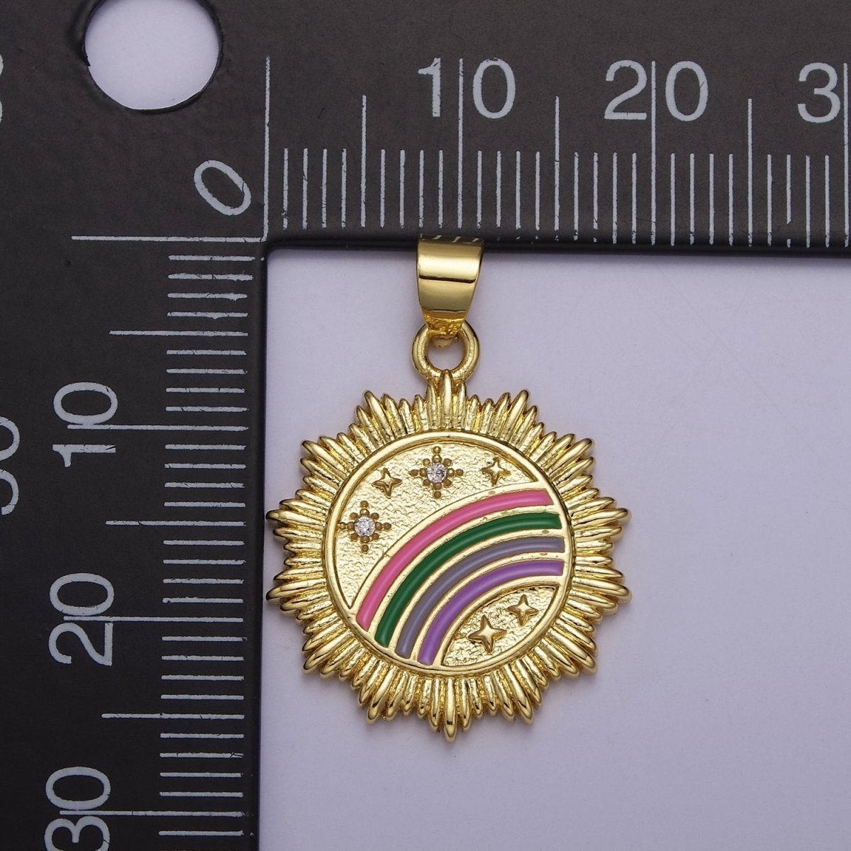 Gold Enamel Rainbow Medallion Pendant with Sunburst Cubic Zirconia Celestial Stars Jewelry For Necklace Earring Making, J-753