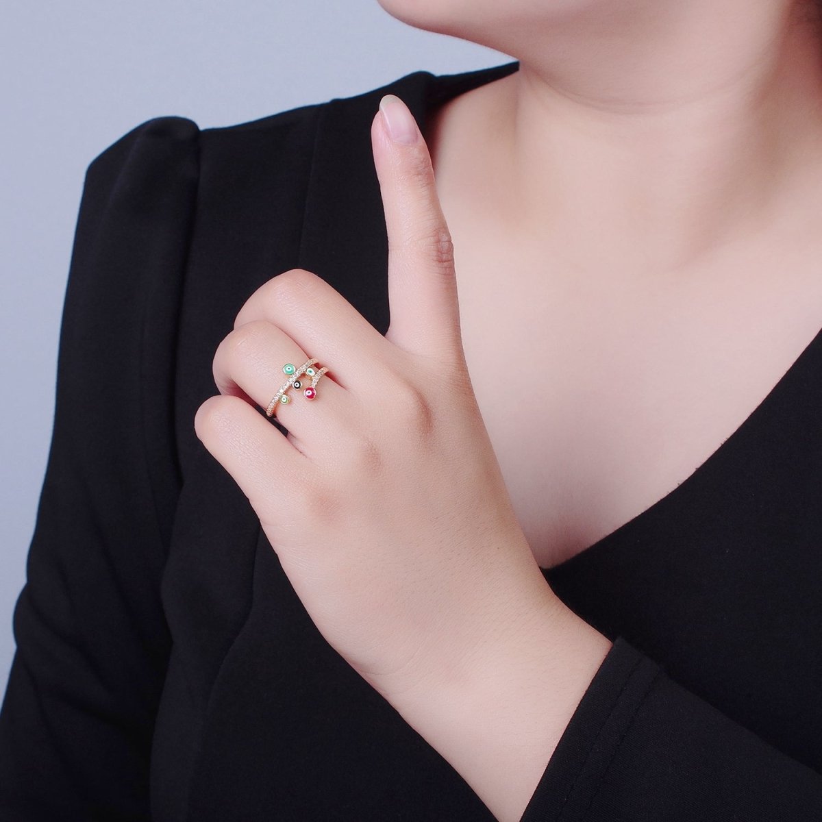 Gold Evil Eye Ring Pave Spiral Ring Open Adjustable Jewelry O-2226