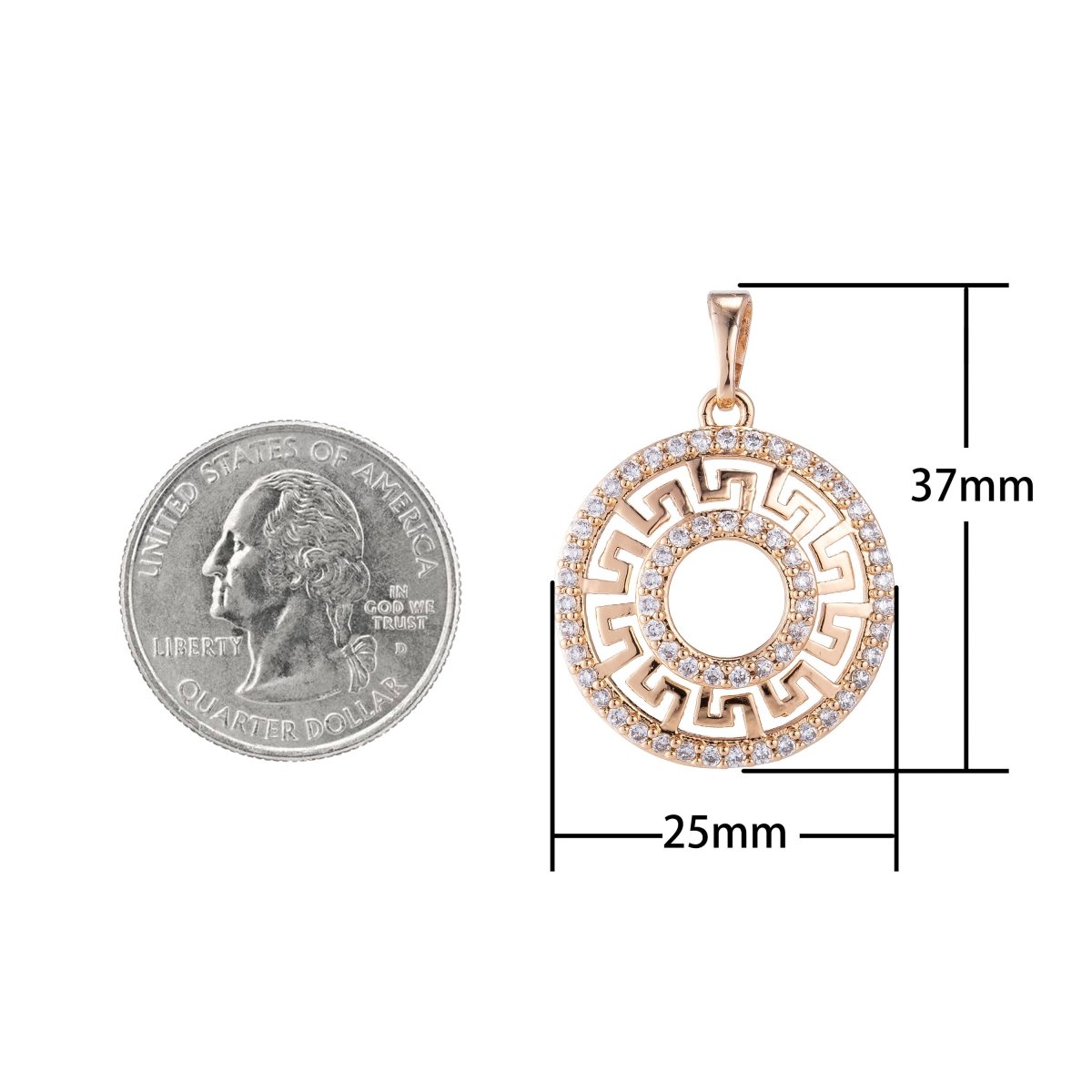 Gold Fill Round Circle Geometric Pattern, Classy Gift for Her, Elegant, Cubic Zirconia Necklace Pendant Charm Bead Bails Findings for Jewelry Making H-708