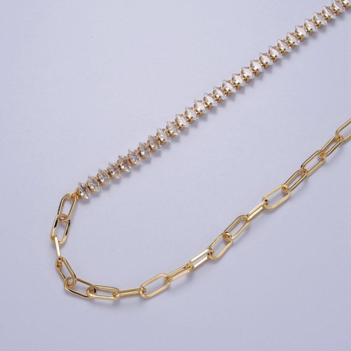 Gold Filled 16 Inch Half Clear CZ Marquise Tennis Chain, Half Paperclip Chain Necklace in Gold & Silver Color | WA-958 Clearance Pricing