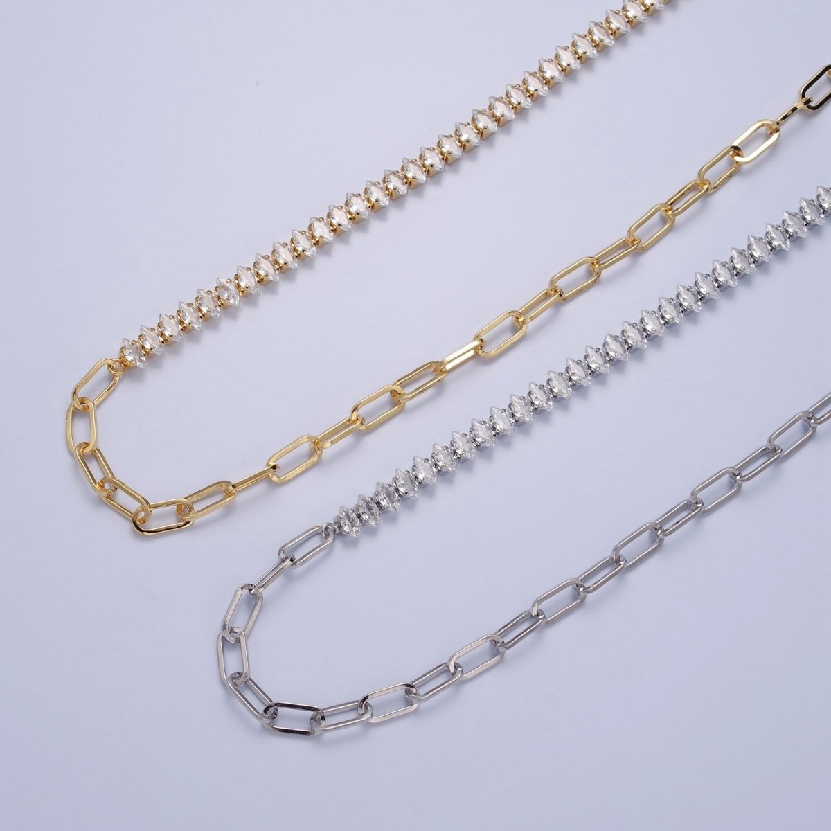 Gold Filled 16 Inch Half Clear CZ Marquise Tennis Chain, Half Paperclip Chain Necklace in Gold & Silver Color | WA-958 Clearance Pricing