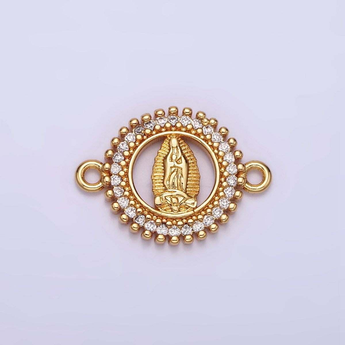 Gold Filled 17.5mm Lady Guadalupe Mary Open CZ Lined Beaded Round Connector G-720