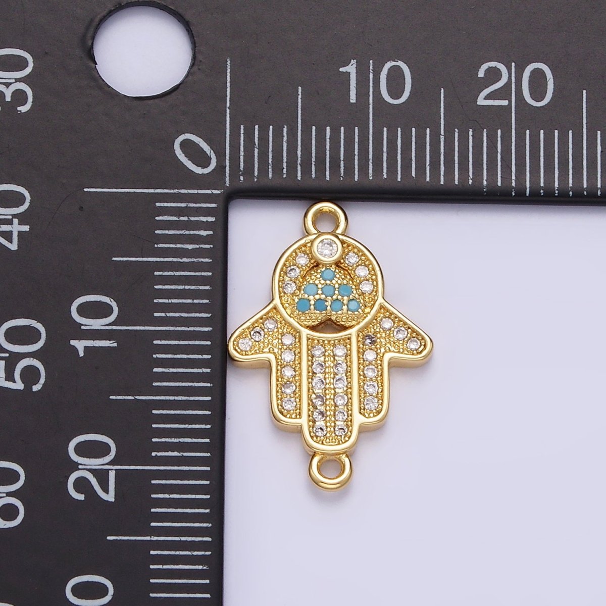 Gold Filled 21mm Turquoise Clear Micro Paved CZ Hamsa Hand Connector G-661