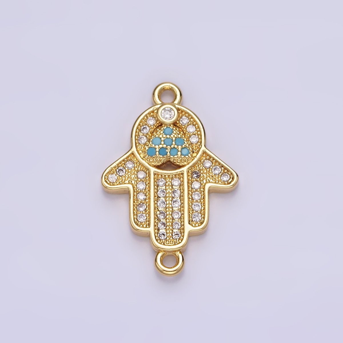 Gold Filled 21mm Turquoise Clear Micro Paved CZ Hamsa Hand Connector G-661