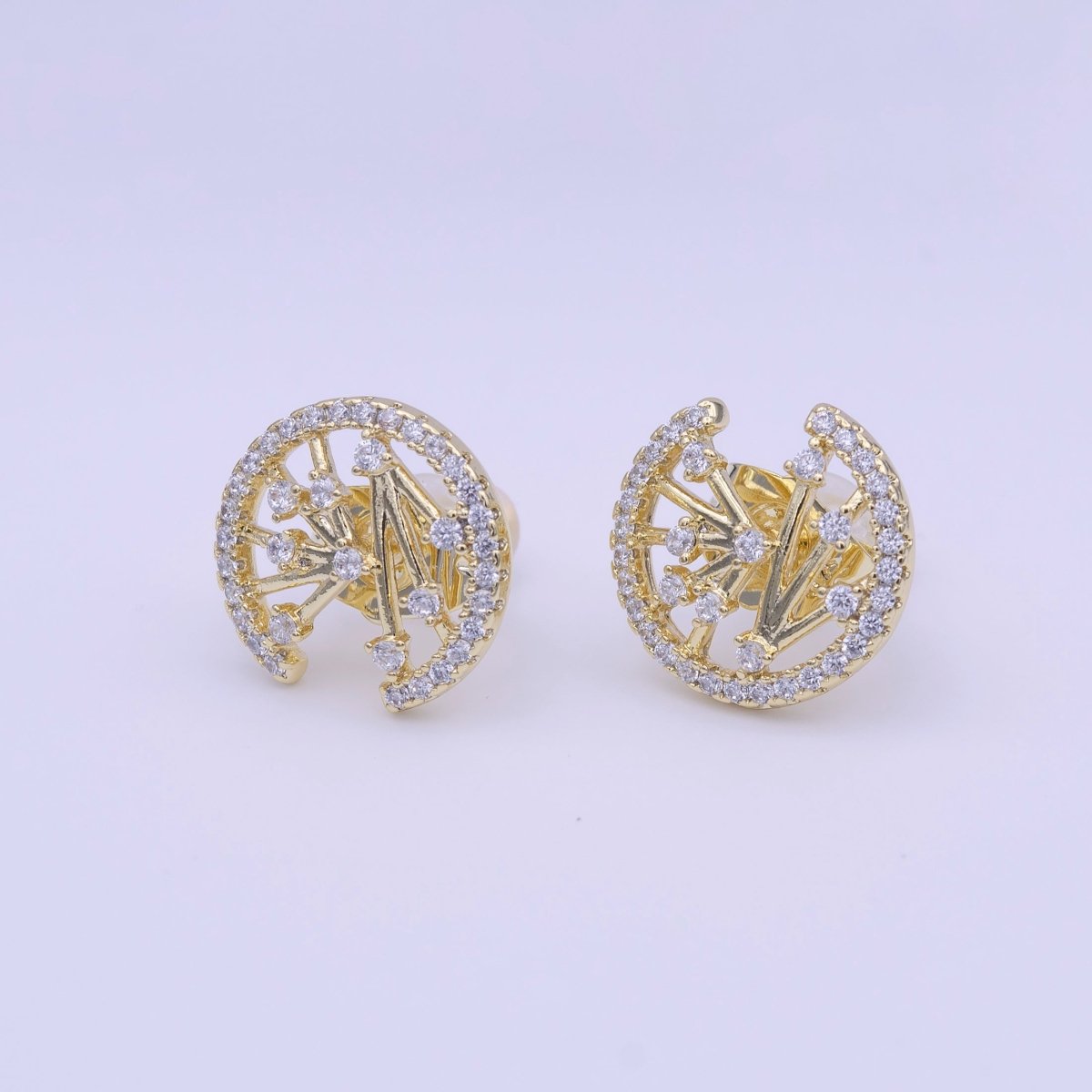 Gold Filled Abstract Bar Open Round Micro Paved CZ Stud Earrings | AD-224