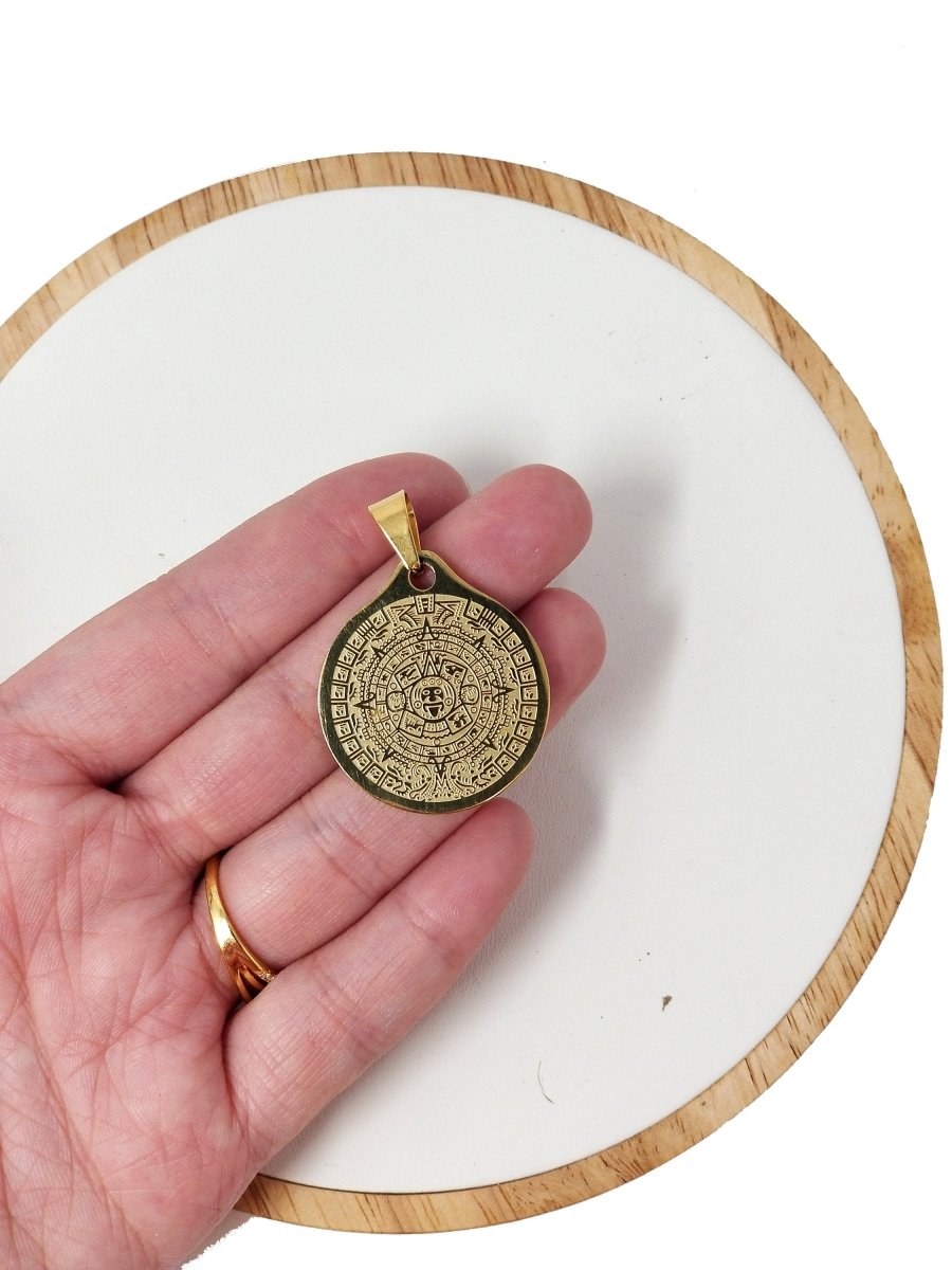 Gold Stainless Steel Aztec Mayan Sun Calendar Medallion Pendant Gold Aztec Coin Pendant Boho Charm for Layer Necklace Jewelry Making J-616
