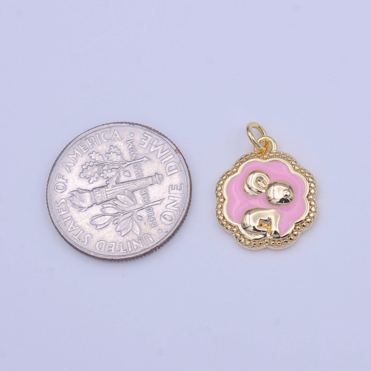 Gold Filled Baby Pink Enamel Mouse Rounded Cloudy Beaded Charm | C-595
