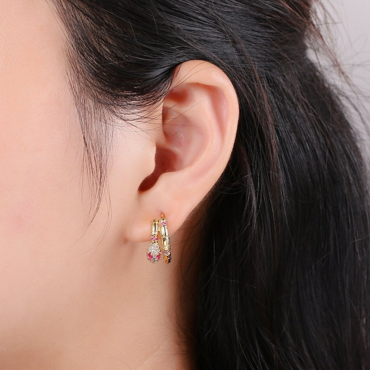 Gold Filled Beautiful Dangle Mystic Snake Huggies Earring Micro Pave CZ Pink Cubic Zirconia Earrings Supply for Jewelry Making  Q-179