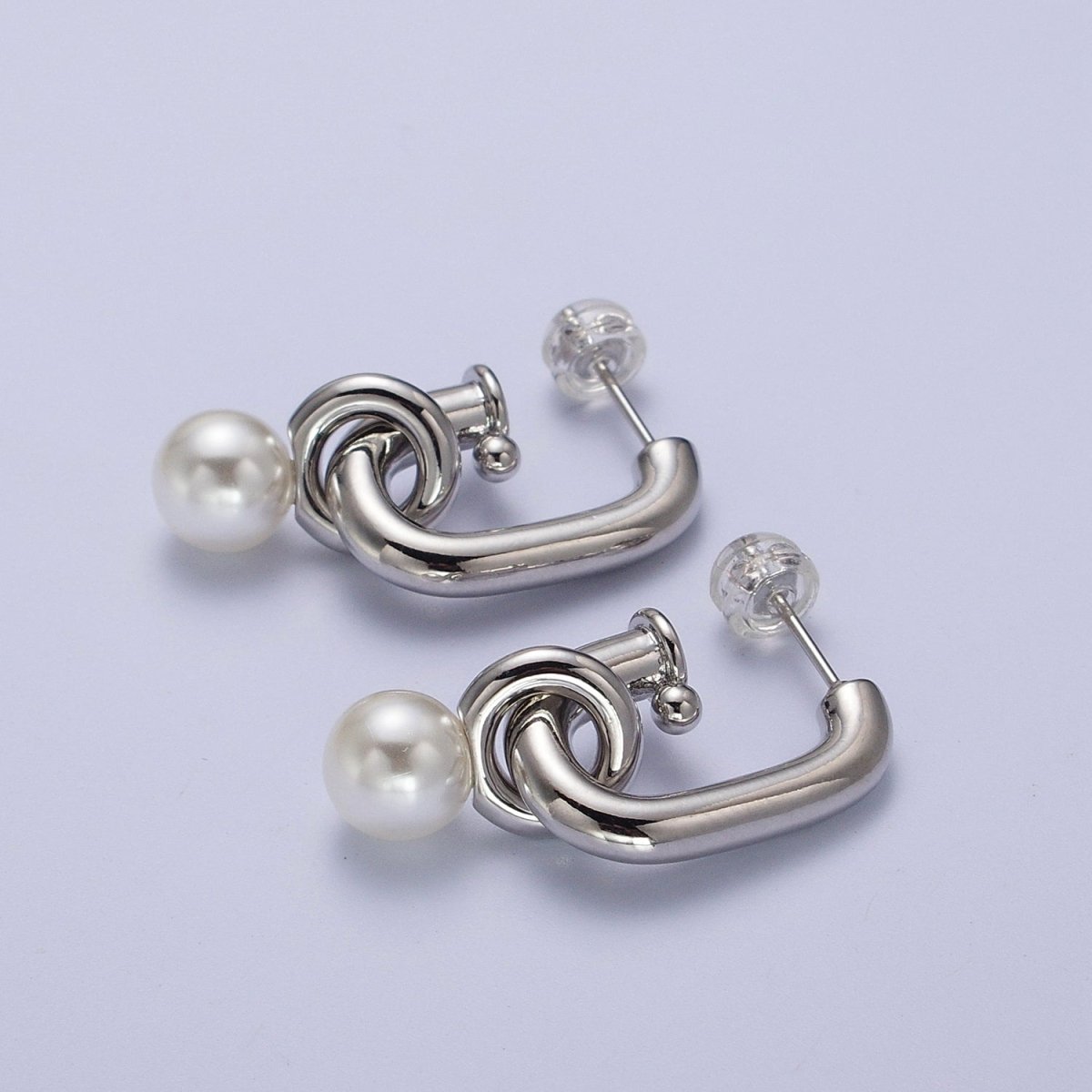Gold Filled Boxy J-Shaped Round Pearl Drop Hoop Earrings in Gold & Silver | AD-260-AD-261