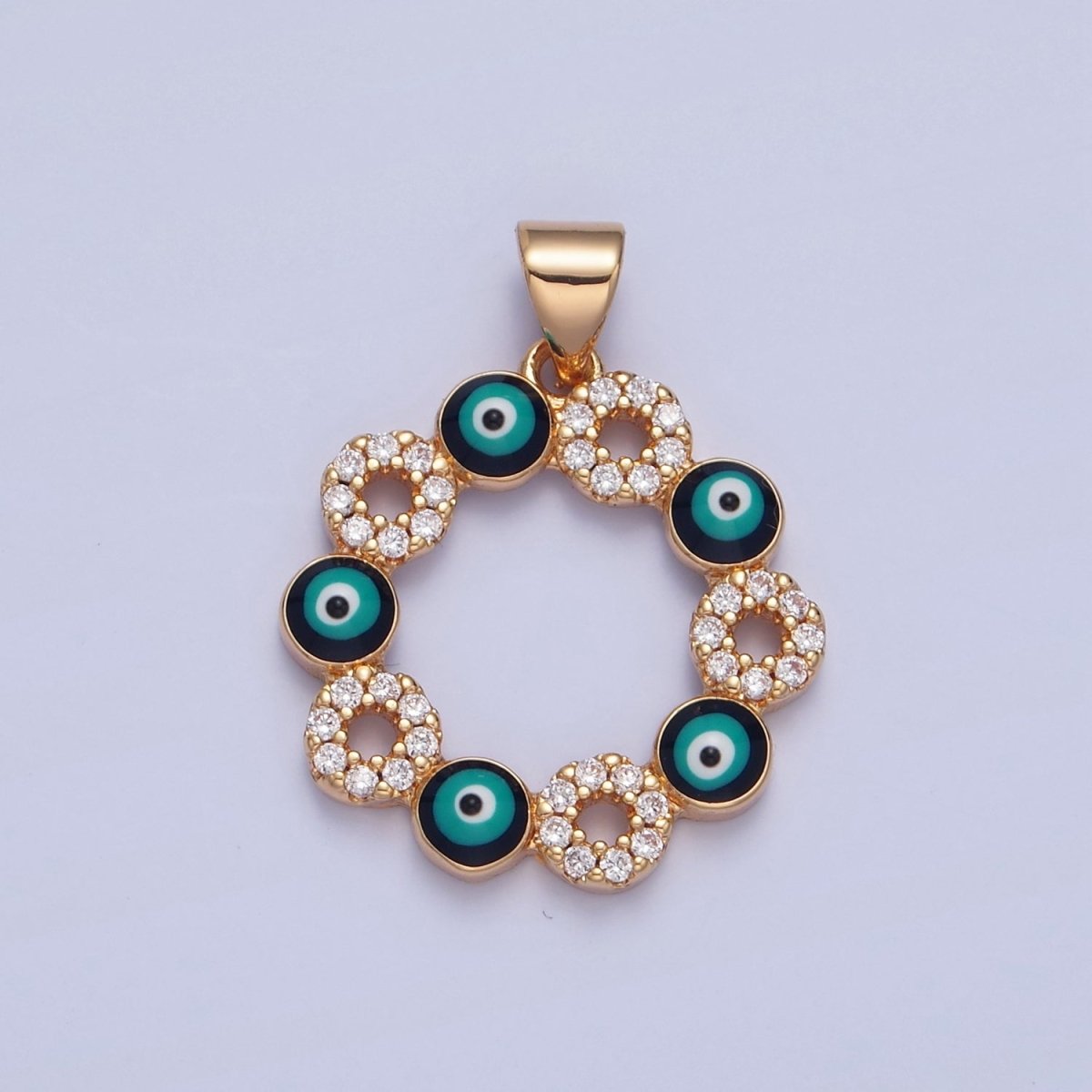 Gold Filled Clear Micro Pave CZ & Evil Eye Enamel Protection Eye of Ra Flower Pendant H-068