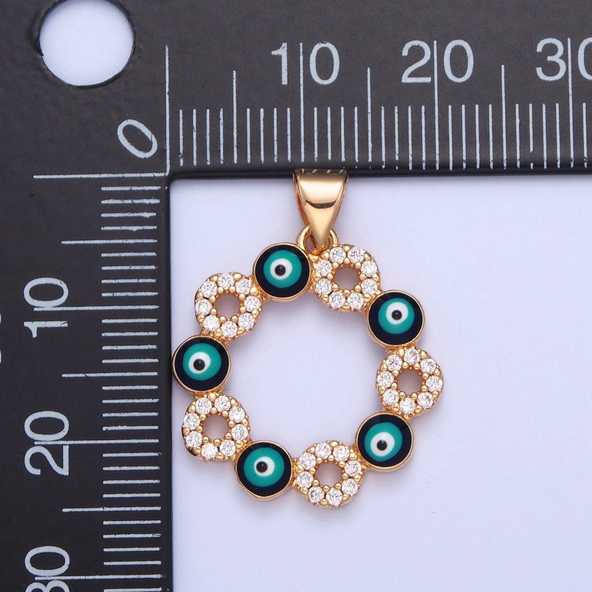 Gold Filled Clear Micro Pave CZ & Evil Eye Enamel Protection Eye of Ra Flower Pendant H-068