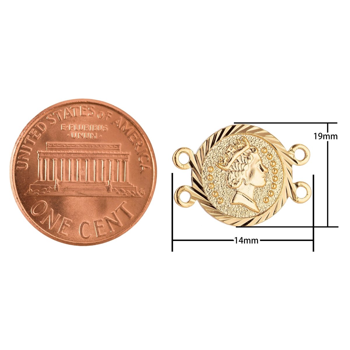 Gold Filled Coin Queen Elizabeth Medallion Bracelet Charm Connector Layer Necklace Connector Finding For Jewelry Making 19x14mm F-052