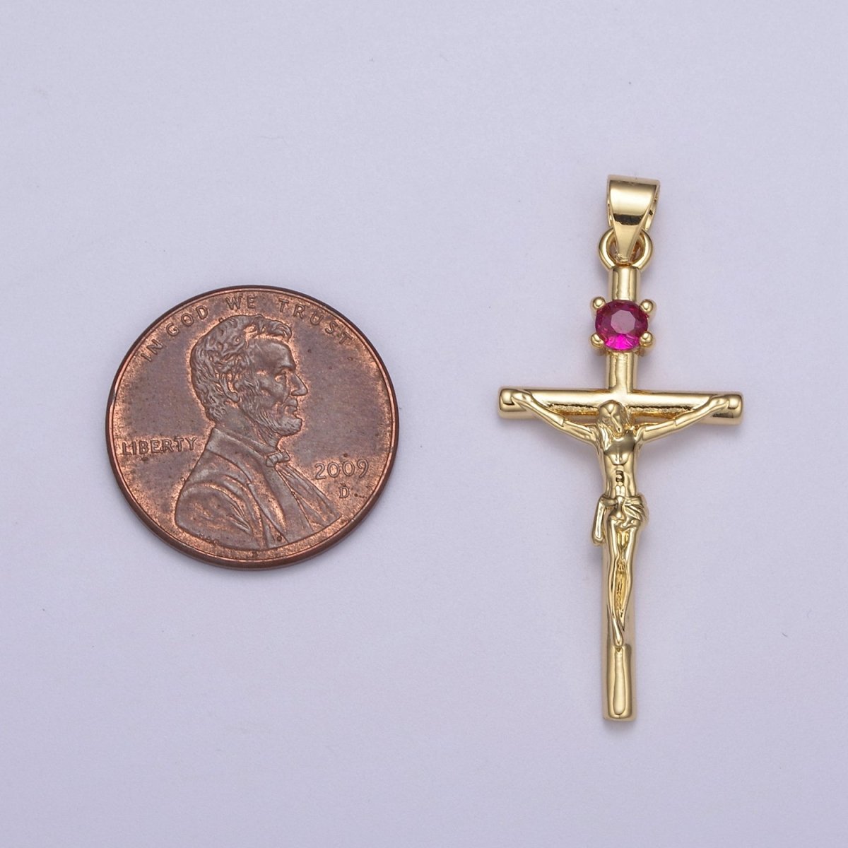 Gold Filled Crucifix Cross - Cross with Pink Crystal center -  Simple 24K Gold Fill Cross For Necklace Bracelet Jewelry Making H-602