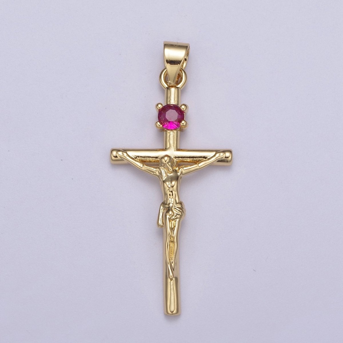 Gold Filled Crucifix Cross - Cross with Pink Crystal center -  Simple 24K Gold Fill Cross For Necklace Bracelet Jewelry Making H-602