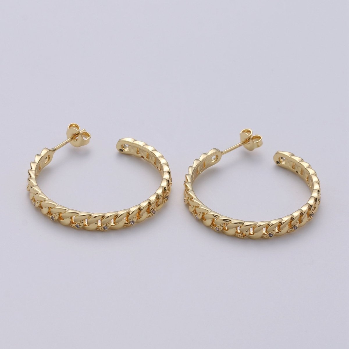 Gold Filled Curb Chain Link 30mm C Shaped Hoop Stud Earrings in Gold & Silver Q-191 Q-192