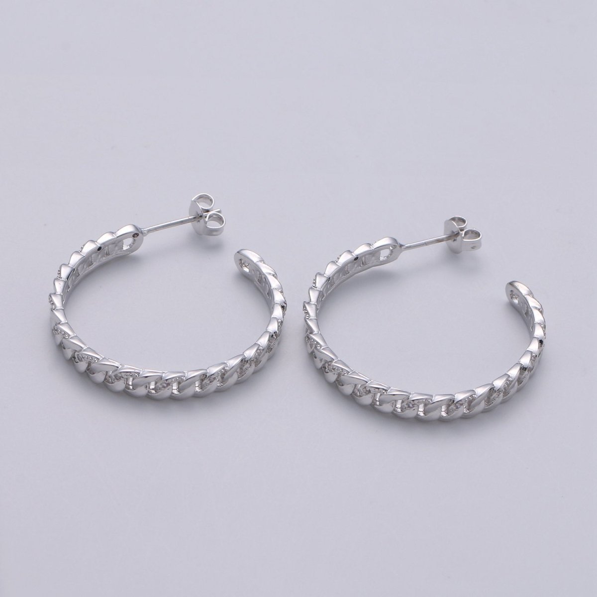 Gold Filled Curb Chain Link 30mm C Shaped Hoop Stud Earrings in Gold & Silver Q-191 Q-192