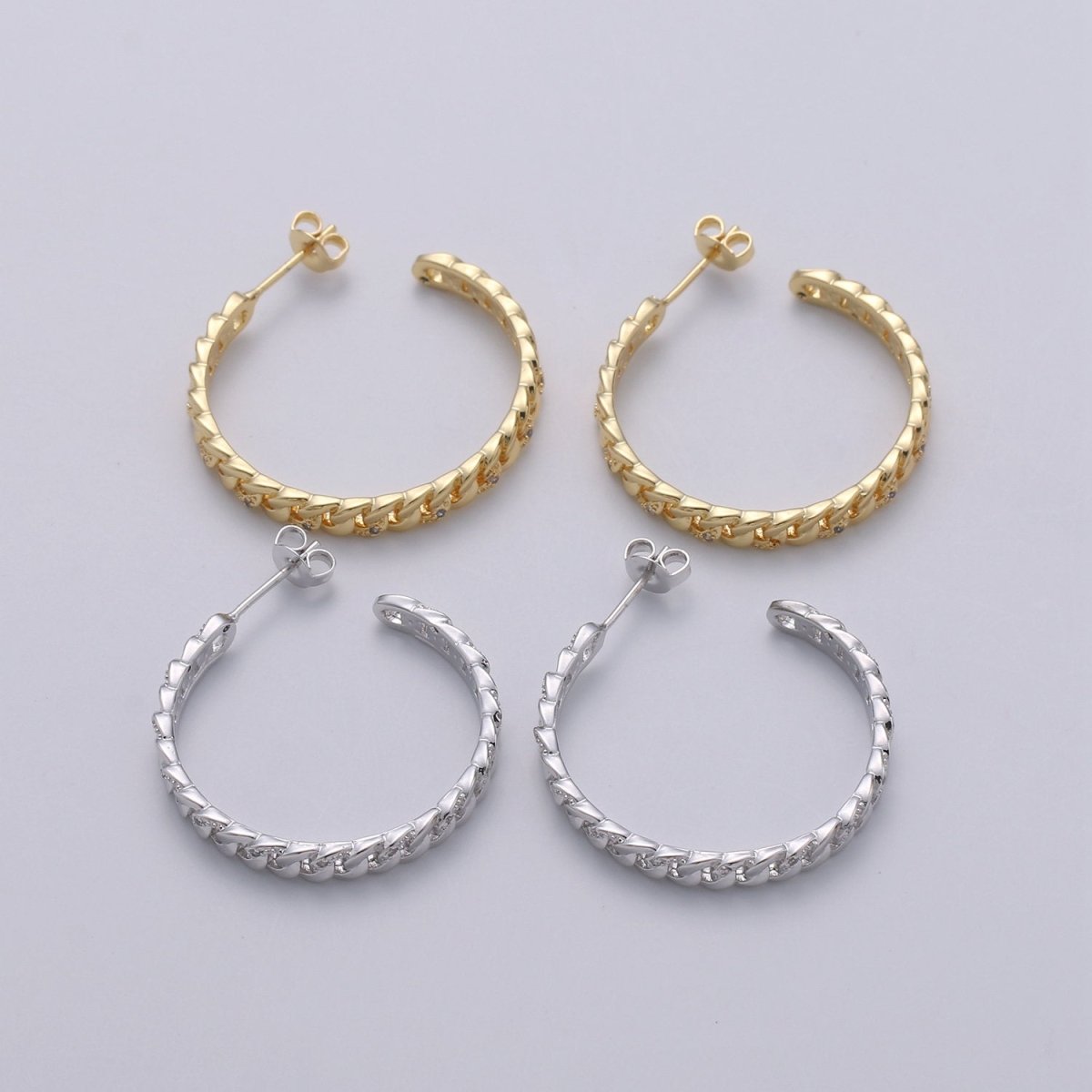 Gold Filled Curb Chain Link 30mm C Shaped Hoop Stud Earrings in Gold & Silver Q-191 Q-192