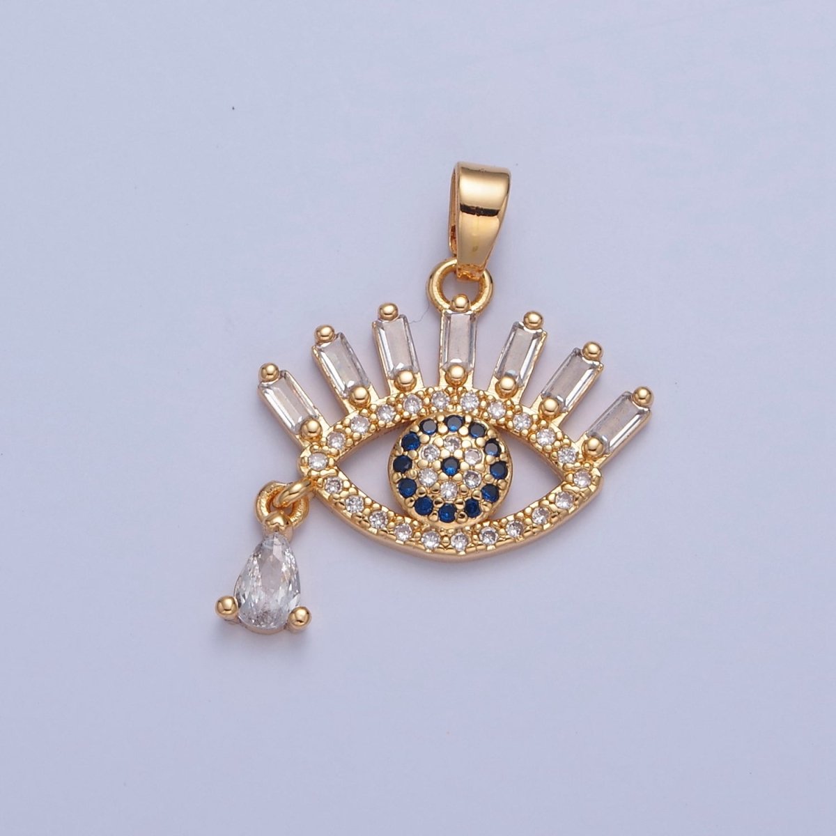 Gold Filled CZ Evil Eye Pendant, Clear & Blue Micro Pave Eye of Ra, Baguette & Teardrop Cubic Zirconia Protection Charm For Jewelry Making H-015