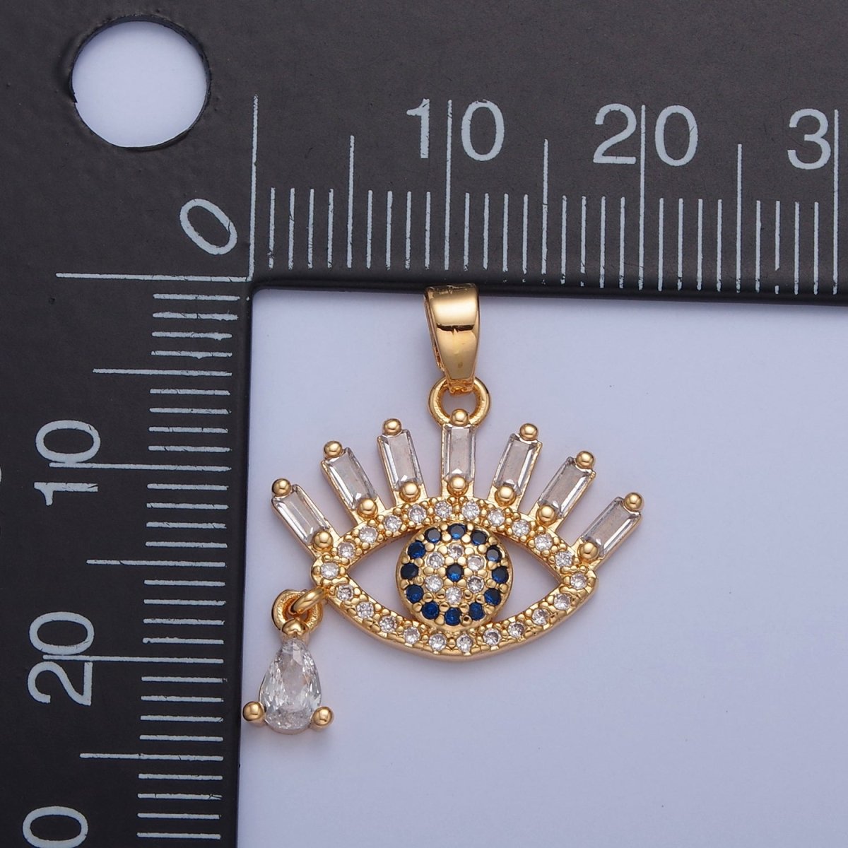 Gold Filled CZ Evil Eye Pendant, Clear & Blue Micro Pave Eye of Ra, Baguette & Teardrop Cubic Zirconia Protection Charm For Jewelry Making H-015