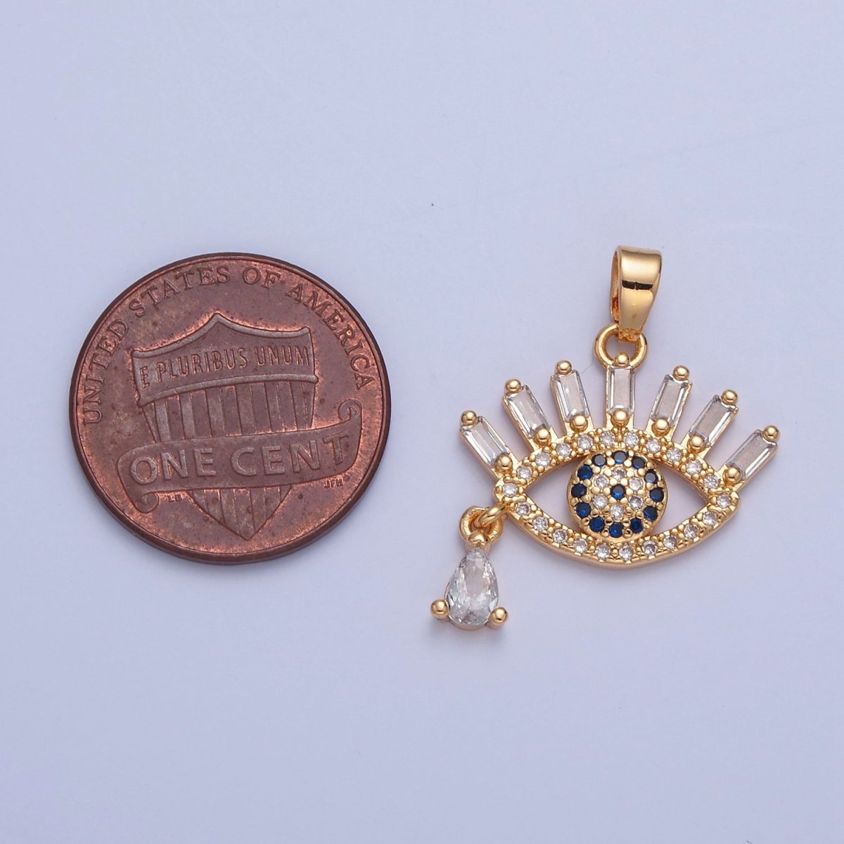 Gold Filled CZ Evil Eye Pendant, Clear & Blue Micro Pave Eye of Ra, Baguette & Teardrop Cubic Zirconia Protection Charm For Jewelry Making H-015