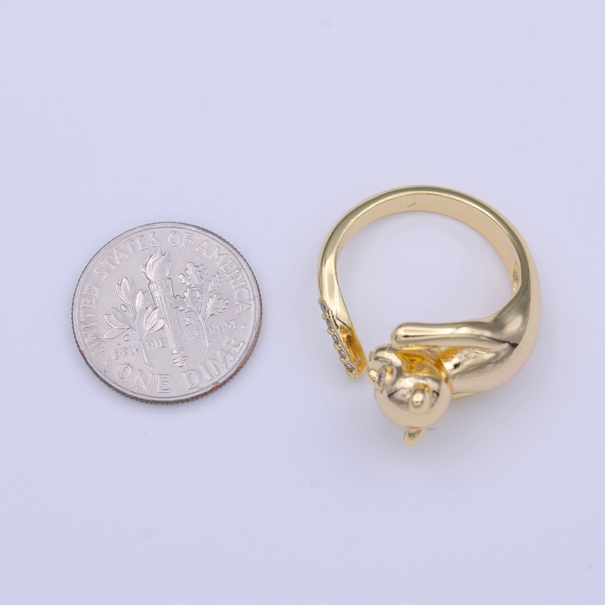Gold Filled Dog Pug Chasing Tail Micro Paved CZ Adjustable Ring | O-120