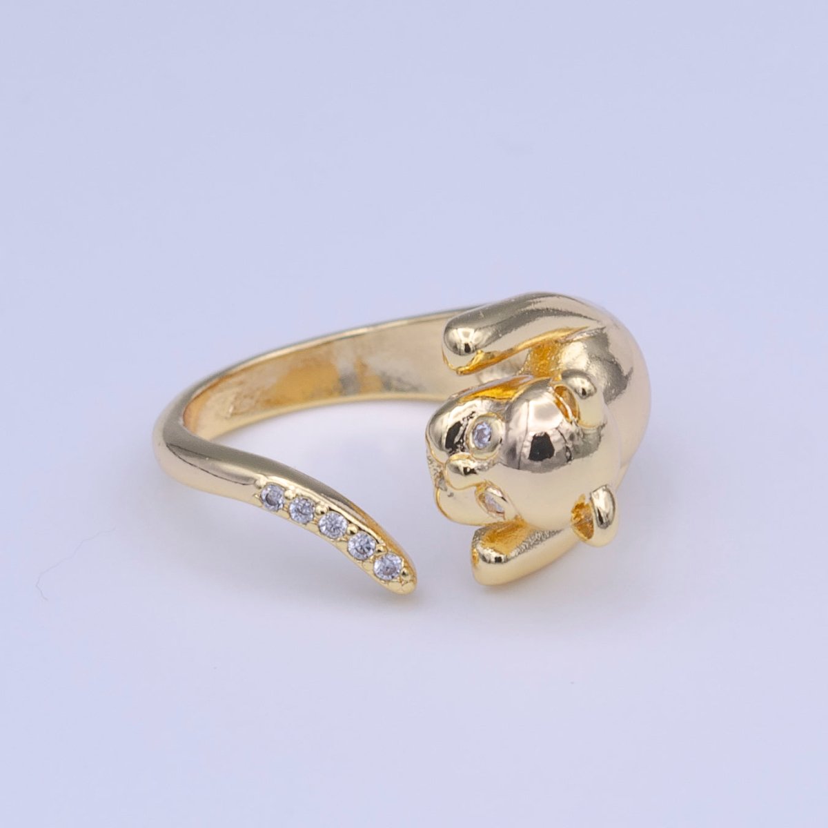 Gold Filled Dog Pug Chasing Tail Micro Paved CZ Adjustable Ring | O-120