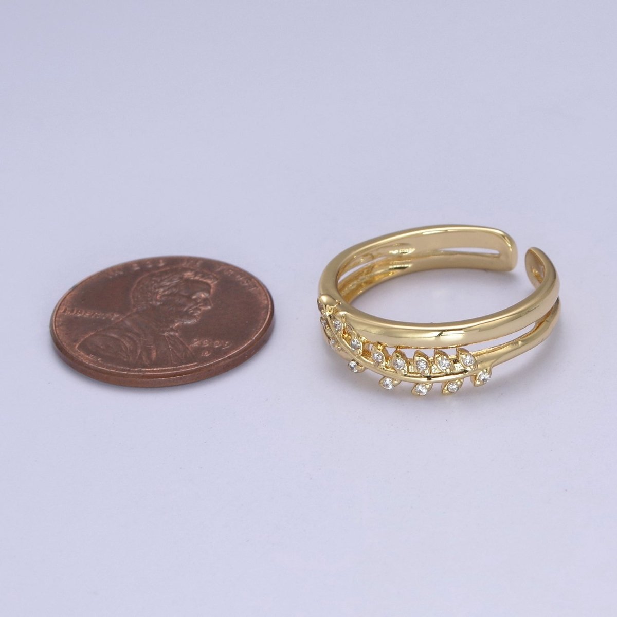 Gold Filled Double Olive Branch Vine with Crystal Zirconia CZ Band Adjustable Ring in 24K Gold & Silver | U-386 U-387