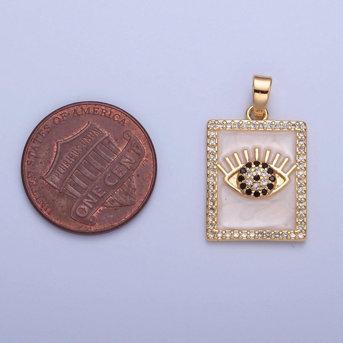 Gold Filled Evil Eye Tag Pendant, Micro Pave Black & Clear CZ with White Enamel Eye of Ra Protection Tile Pendant H-064