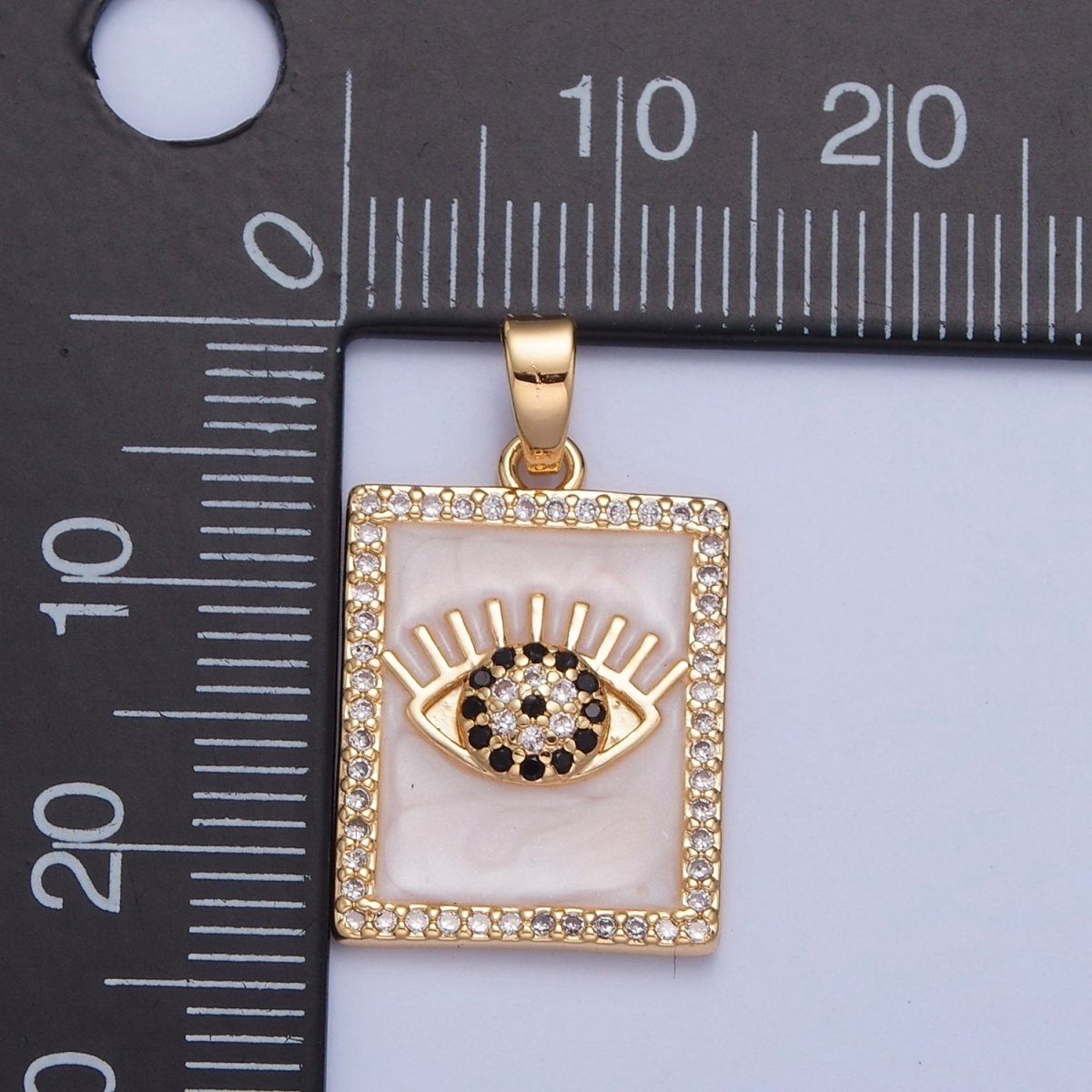 Gold Filled Evil Eye Tag Pendant, Micro Pave Black & Clear CZ with White Enamel Eye of Ra Protection Tile Pendant H-064